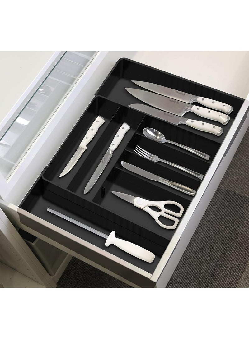 منظم أدوات المائدة للدرج، منظم أدوات مطبخ متعدد الاستخدامات قابل للتوسيع، حامل ملاعق وشوك وسكاكين خالٍ من BPA، صندوق تخزين بلاستيك قابل للتعديل (أسود) - Image 4